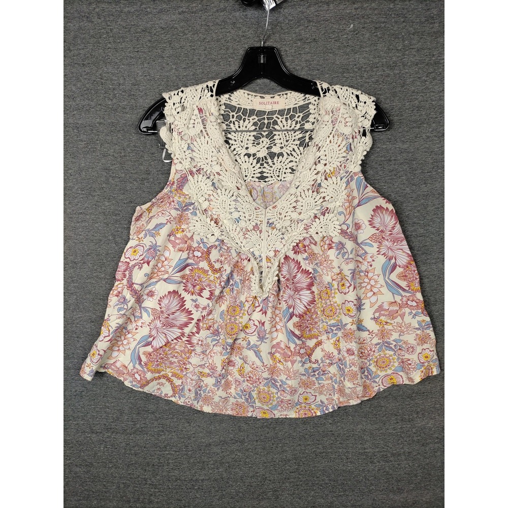 Solitaire Tank Top‎ Womens Small Crochet Floral Boho Sleeveless Rayon Blouse